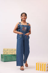 Denim Floral Embroidered Wide-Leg Pants Jumpsuit