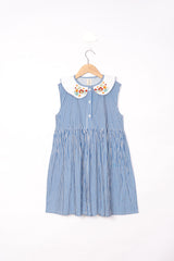 Blue Stripe and Floral Embroidery Collar Dress