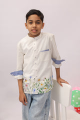 White Botanical Border Mandarin Shirt for Boys