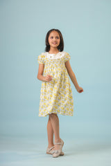 Yellow and White Smocking Detail Floral Dress