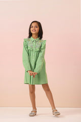 Green Florals Embroidery Shirt Dress