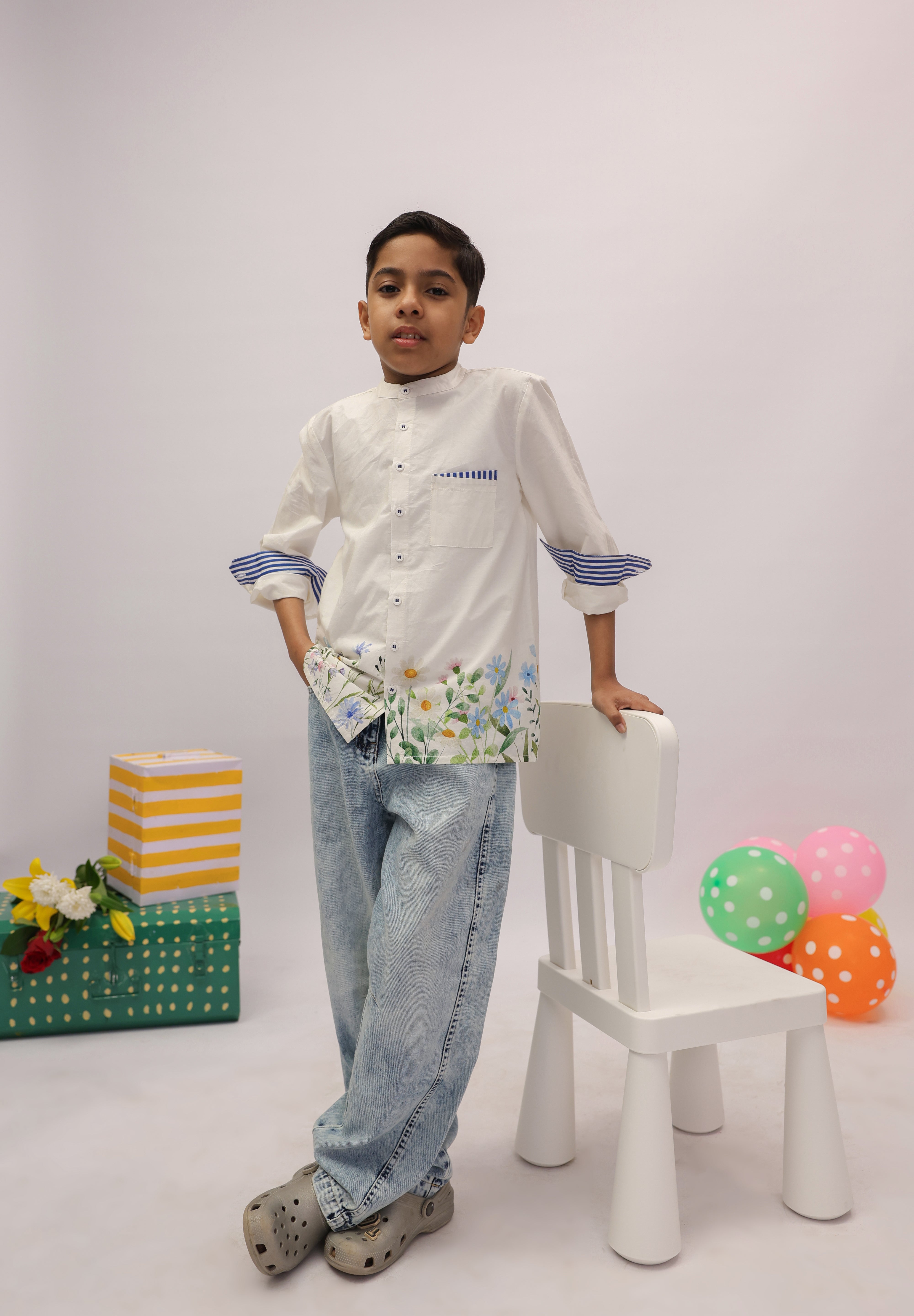 white floral embroidered shirt