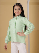 Mint Green Stripe Floral Embroidered Shirt