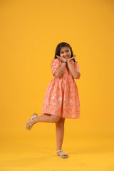 Orange Floral Print & Embroidery Detail Dress
