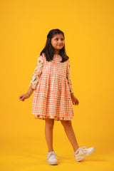 Peach Orange Floral Checks Pinafore Dress for Girls