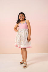 White & Pink Floral Checks Lace Detail Dress