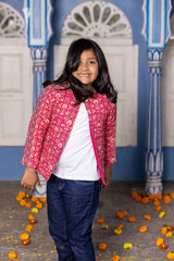 Red Floral Quilted Jacket for Girls