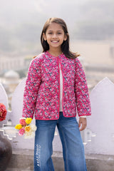 Red Floral Print Quilted Jacket for Girls