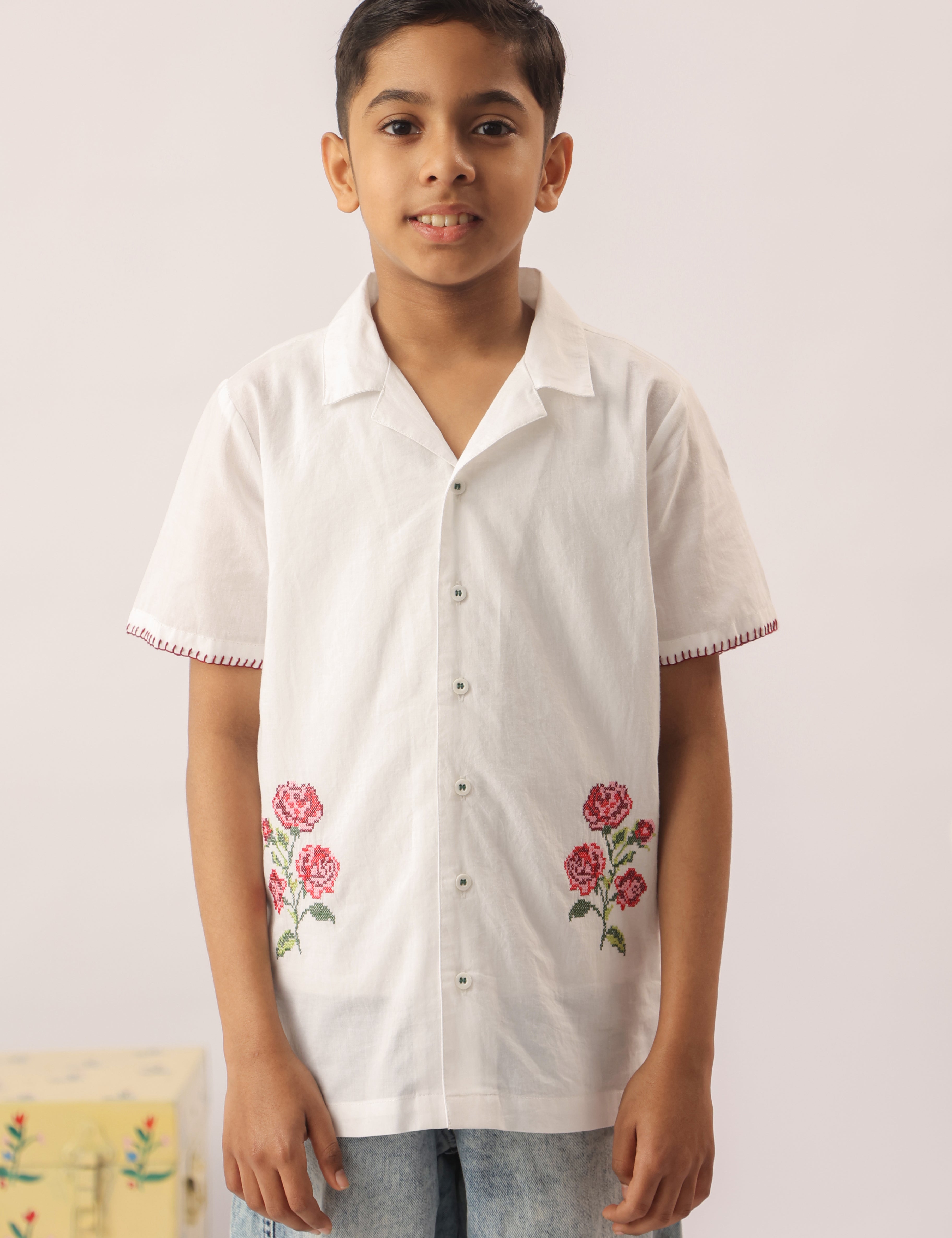 white floral embroidered shirt
