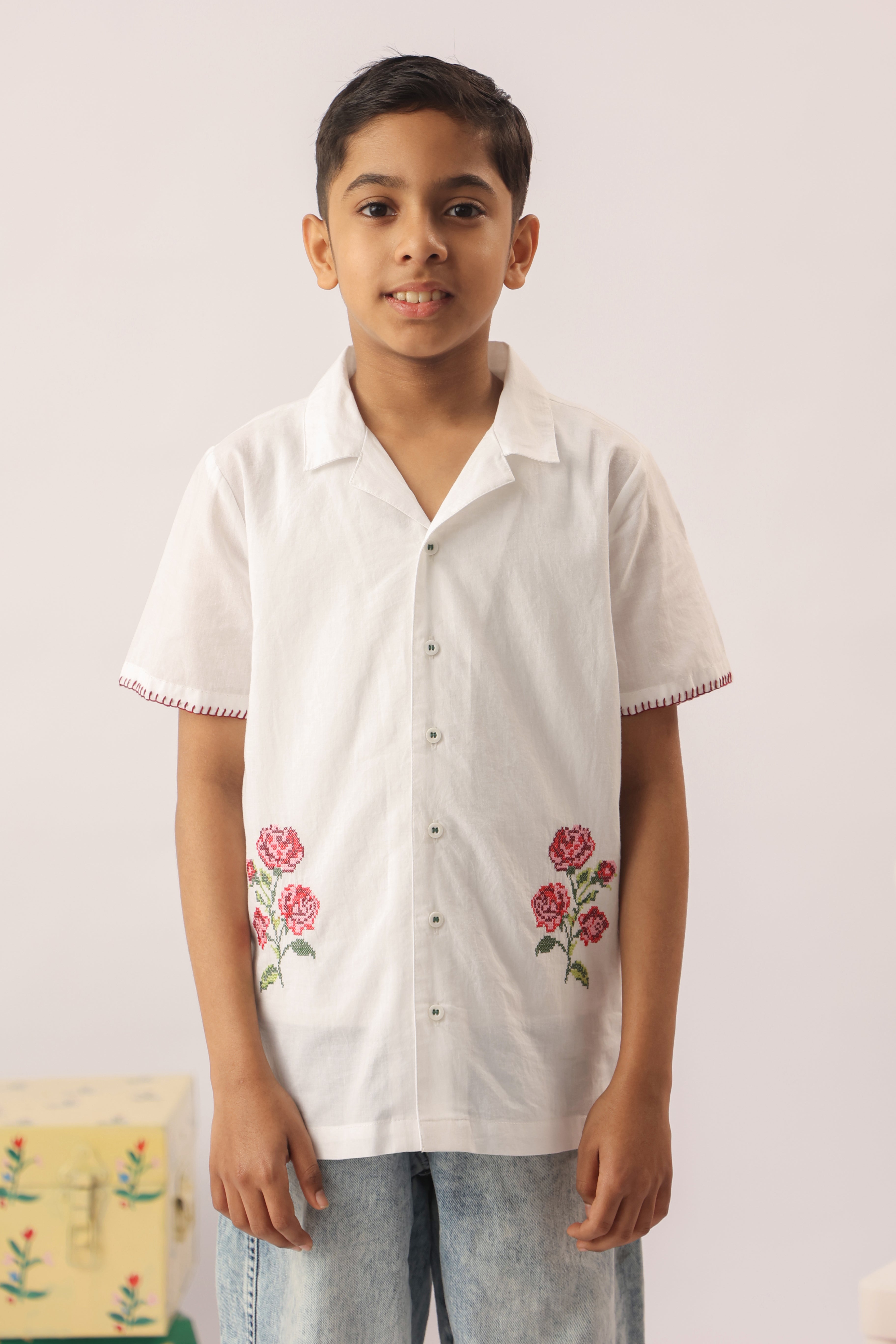 white floral embroidered shirt