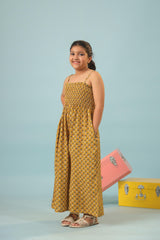Yellow Block Print Jumpsuit for Girls