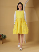 Yellow Checks Floral Embroidery Pinafore Dress