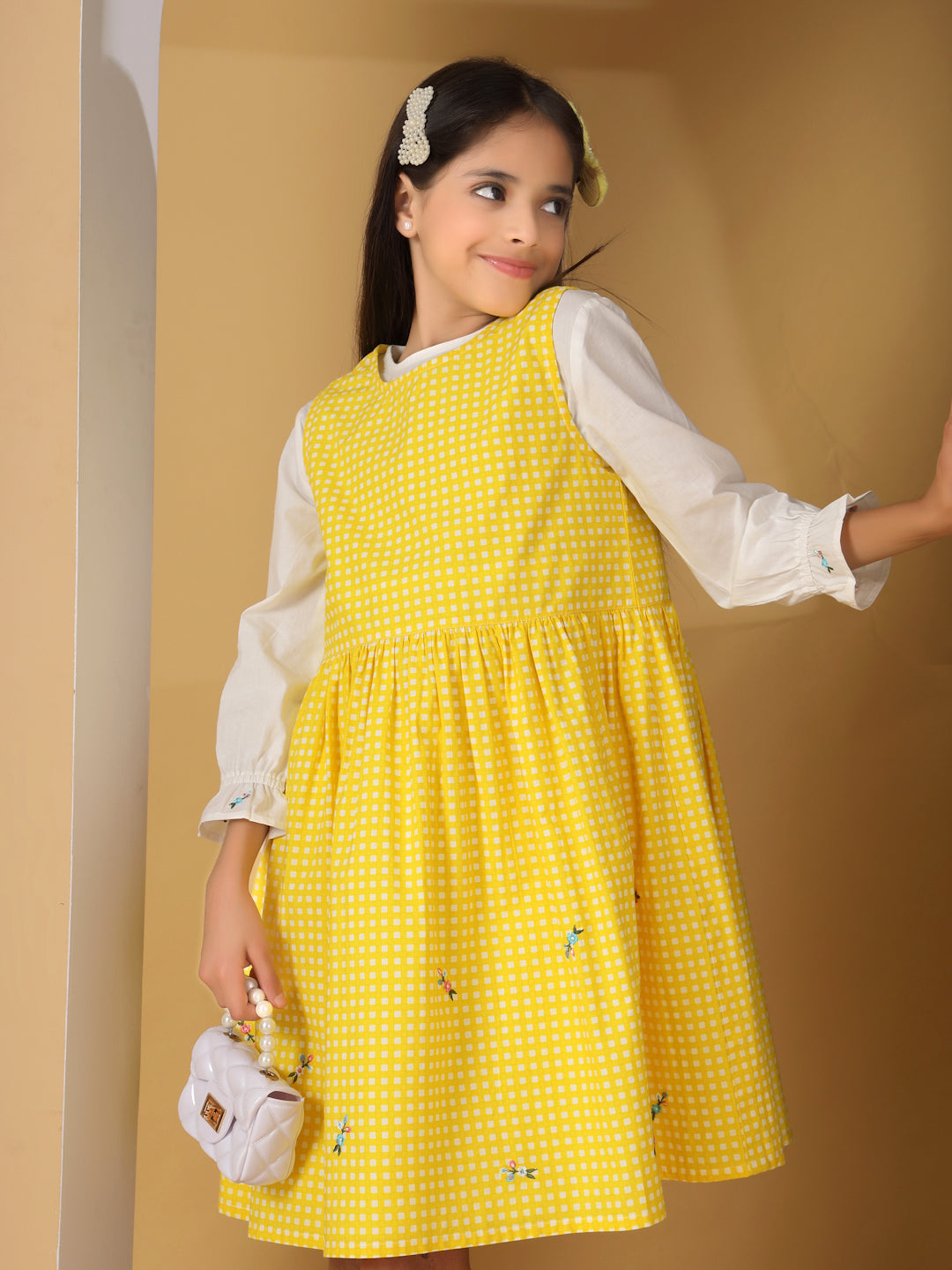 Yellow Checks Floral Embroidery Pinafore Dress – The Little Trunk