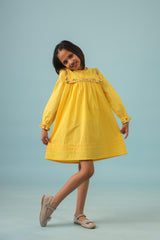 Yellow Pin Tuck and Floral Embroidery Detail Dress