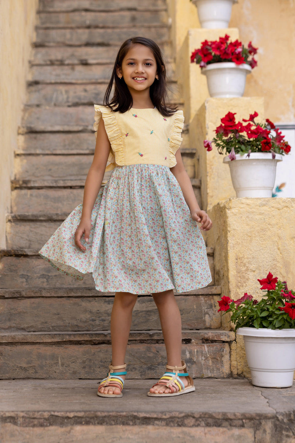 Yellow Stripe & Floral Print Dress