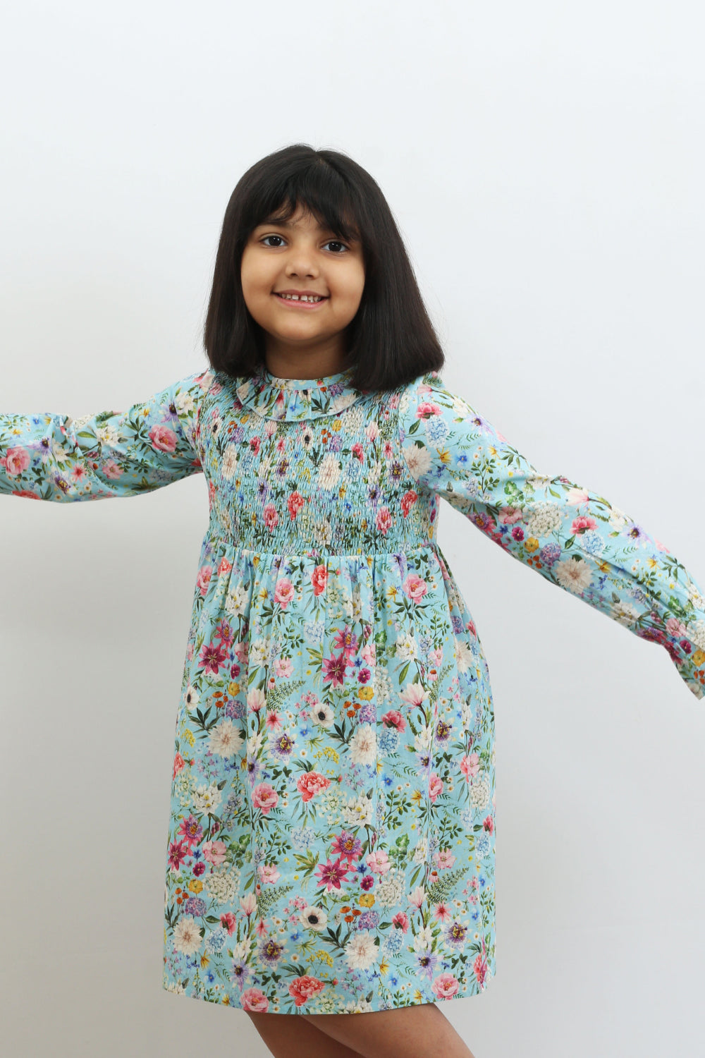 Blue Print & Smocking Detail Dress