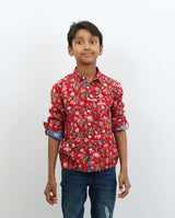 Red Block Print Full Sleeves Shirt for Boys