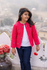 Red Floral Embroidery Quilted Jacket for Kids